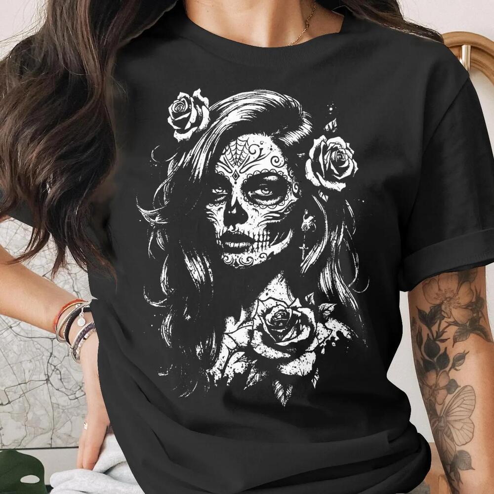 Sugar Skull T-Shirt, Day Of The Dead Calavera Tee, Gothic Woman With Roses